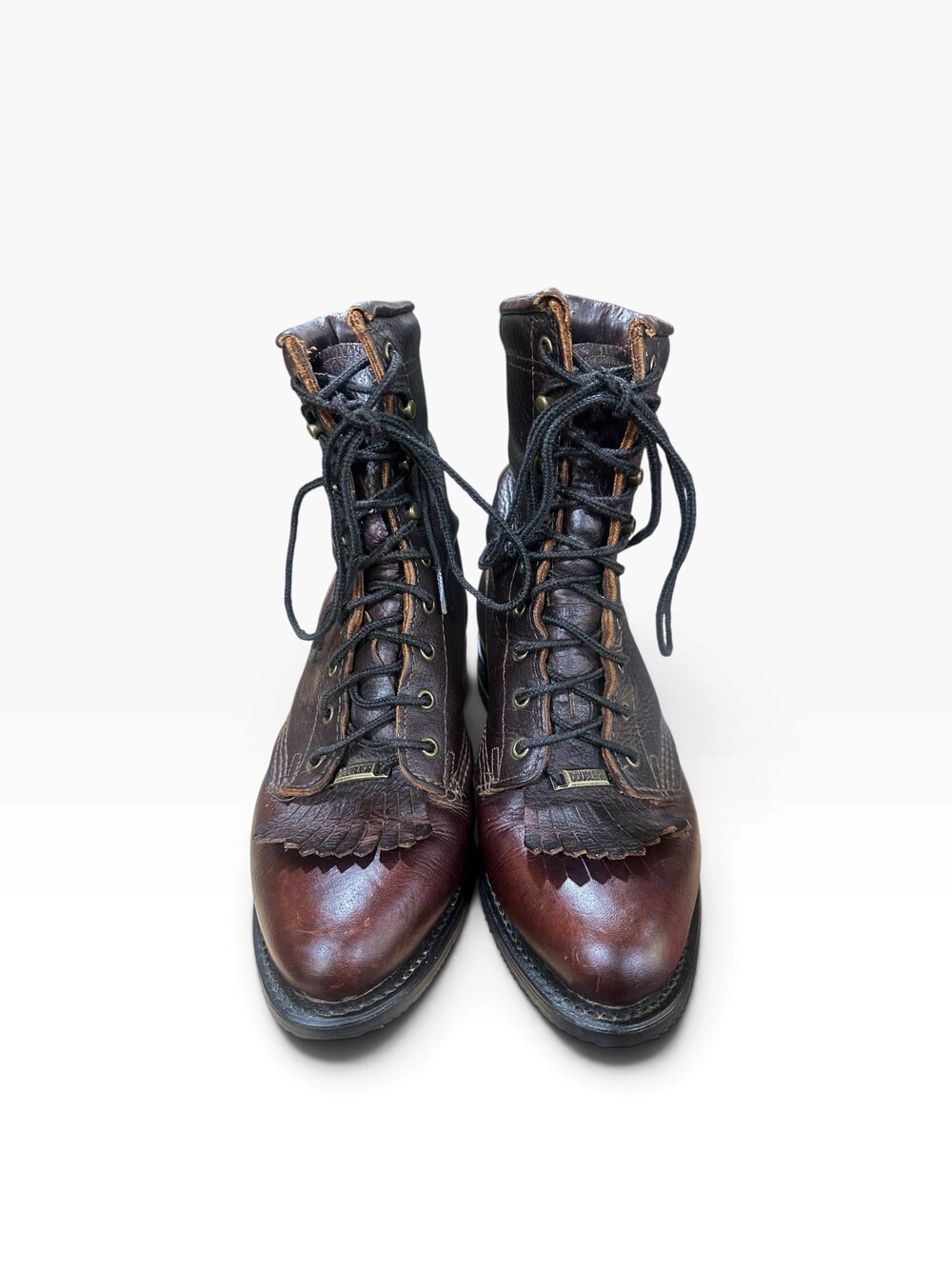 Dobbs Brown Leather Boots Size 7 1/2 Lace-Up Fringe Detail - Picture 2 of 7